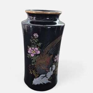 Japanese Black Vase with Floral and Bird Design